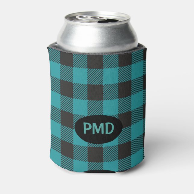 Turquoise Teal Blue Black Buffalo Plaid Monogram Can Cooler (Can Back)