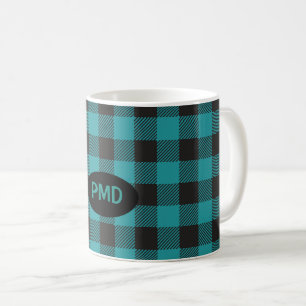 Turquoise Teal Blue Black Buffalo Plaid Monogram Coffee Mug