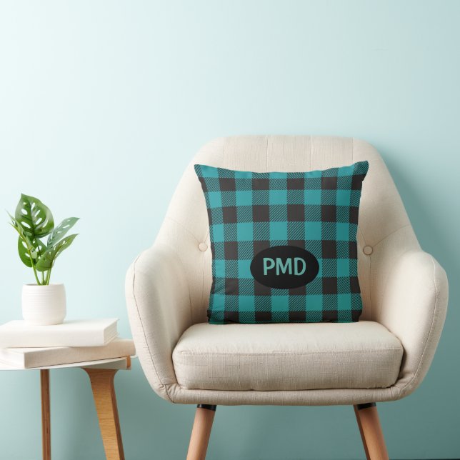 Turquoise Teal Blue Black Buffalo Plaid Monogram Cushion (Chair)