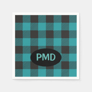 Turquoise Teal Blue Black Buffalo Plaid Monogram Napkin