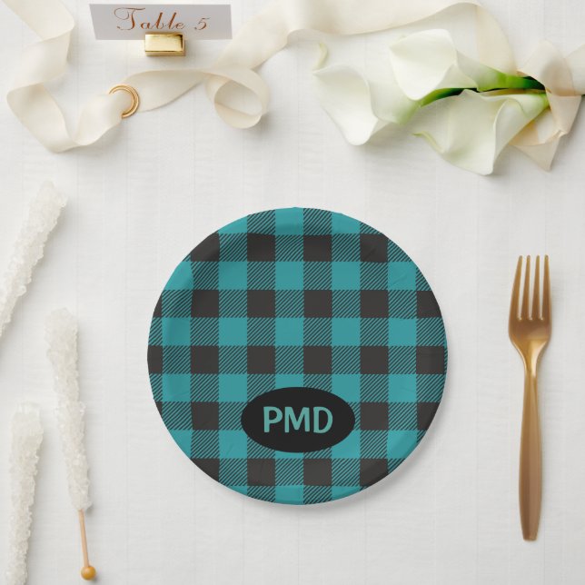 Turquoise Teal Blue Black Buffalo Plaid Monogram Paper Plate (Wedding)