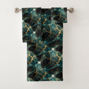 Turquoise Teal Blue Black Gold Alcohol Ink Marble Bath Towel Set