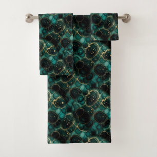 Turquoise Teal Blue Black Gold Alcohol Ink Marble Bath Towel Set