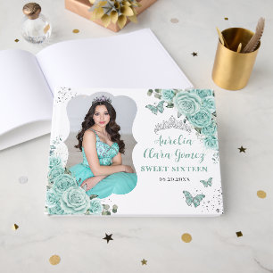 Turquoise Teal Blue Floral Silver Sweet 16 Photo Guest Book