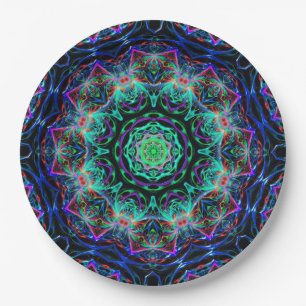 Turquoise Teal Blue Fractal Mandala Pattern Paper Plate