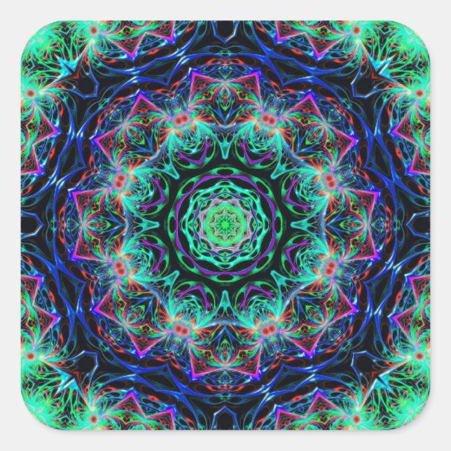 Turquoise Teal Blue Fractal Mandala Pattern Square Sticker (Front)