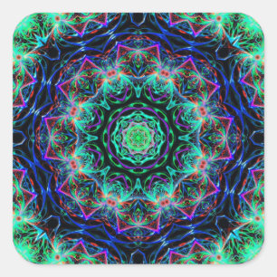 Turquoise Teal Blue Fractal Mandala Pattern Square Sticker