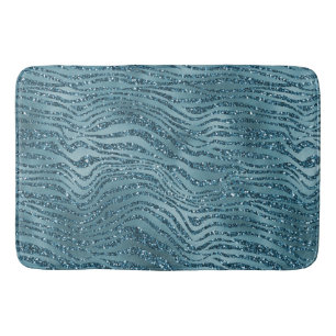 Turquoise Teal Blue Glitter Zebra Print   Bath Mat