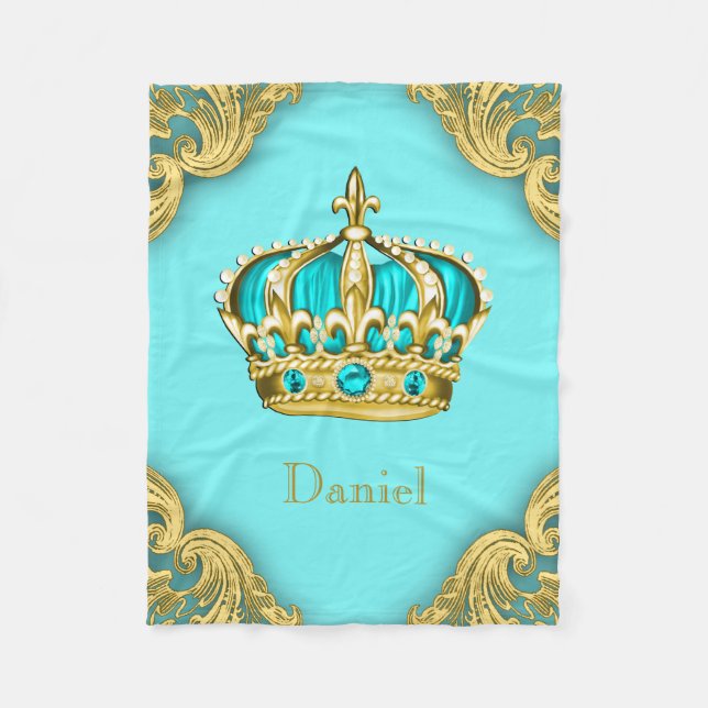 Turquoise Teal Blue Gold Prince Crown Baby Fleece Blanket (Front)