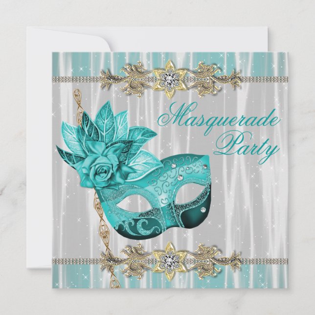 Turquoise Teal Blue Masquerade Party Invitations (Front)
