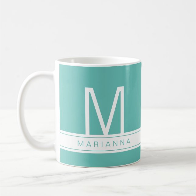 Turquoise Teal Blue Modern Monogram and Name Coffee Mug (Left)