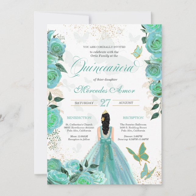 Turquoise Teal Blue Roses Butterfly Quinceanera In Invitation (Front)