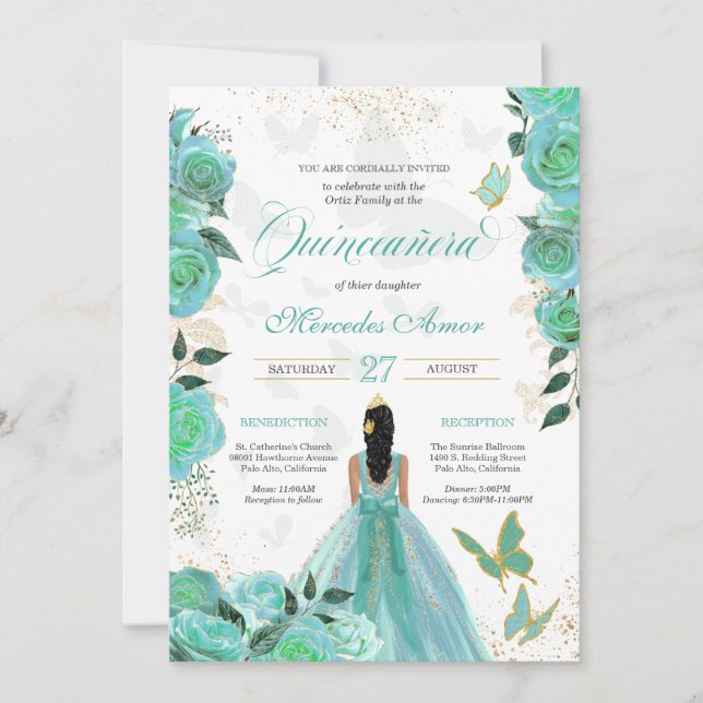Turquoise Teal Blue Roses Butterfly Quinceanera In Invitation (Front)