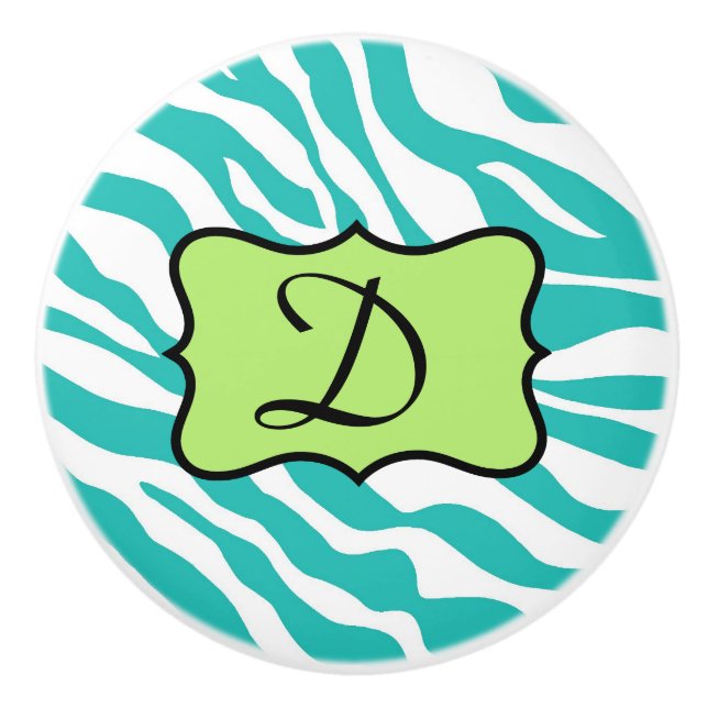 Turquoise Teal Blue White Zebra Skin Art Monogram Ceramic Knob (Front)