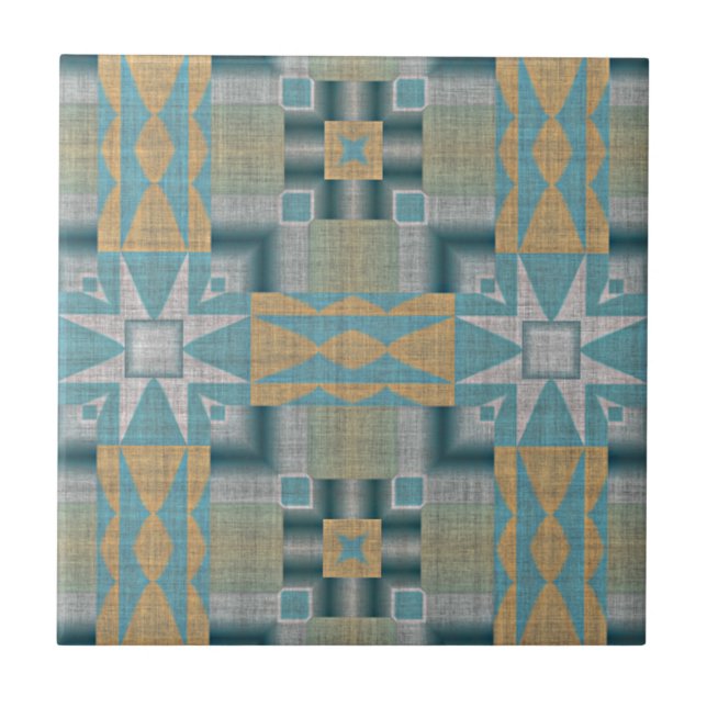 Turquoise Teal Blue Yellow Orange Ethnic Tribe Art Tile (Front)