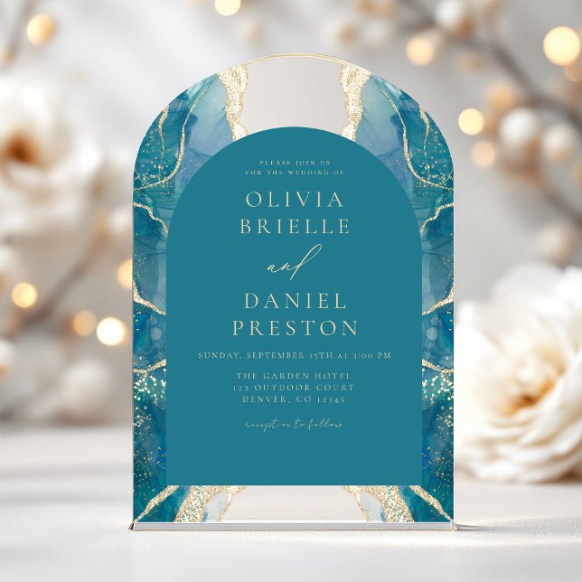 Turquoise Teal Bue Gold Agate Wedding Elegant Acrylic Invitations (Creator Uploaded)