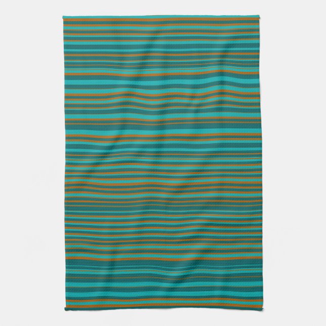 Turquoise Teal & Burnt Orange Stripes Tea Towel (Vertical)