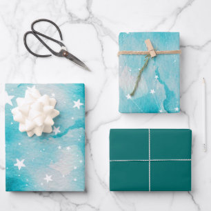 Turquoise Teal Celestial Stars Wrapping Paper Sheet