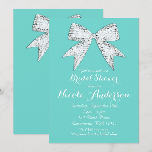 Turquoise Teal Diamond Bling Bow Bridal Shower Invitation (Front/Back)