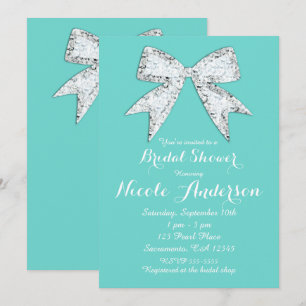 Turquoise Teal Diamond Bling Bow Bridal Shower Invitation