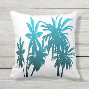 Turquoise Teal Fade Palm Trees Tropical Sunset Cushion