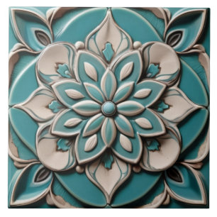 Turquoise Teal Faux Relief Floral Flower Aqua Blue Tile