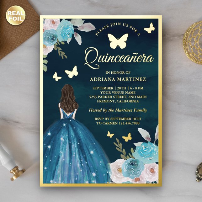 Turquoise Teal Floral Butterfly Quinceanera Gold (Creator Uploaded)
