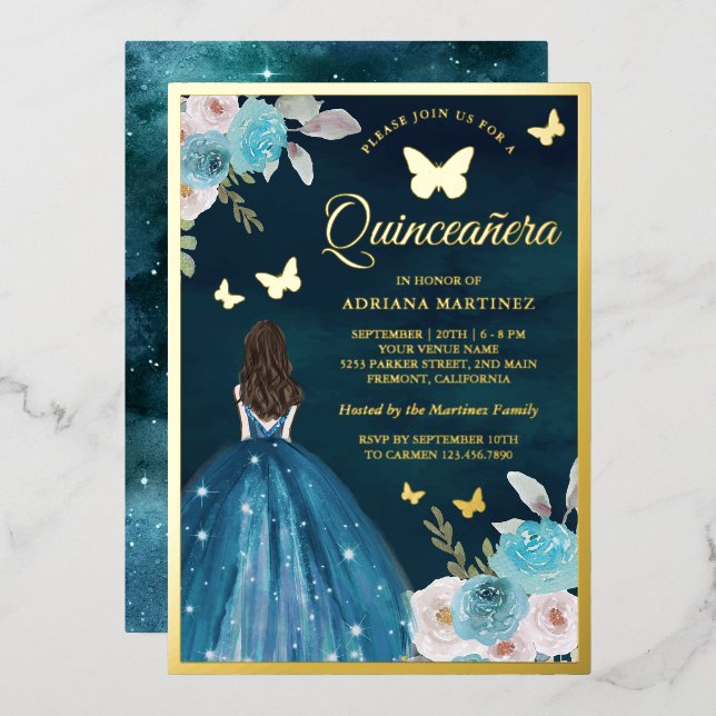 Turquoise Teal Floral Butterfly Quinceanera Gold (Front/Back)