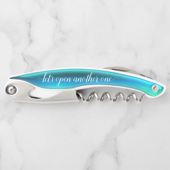 Turquoise Teal Gel Script Corkscrew Bottle Opener (Front)