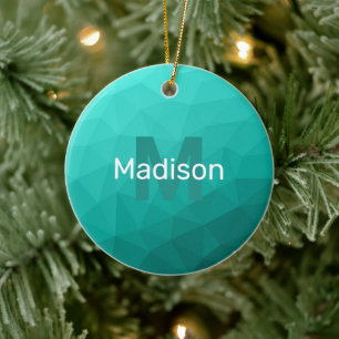 Turquoise teal geometric mesh pattern Monogram Ceramic Tree Decoration