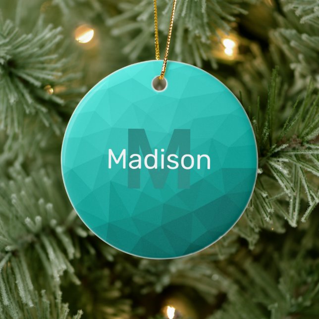 Turquoise teal geometric mesh pattern Monogram Ceramic Tree Decoration (Tree)