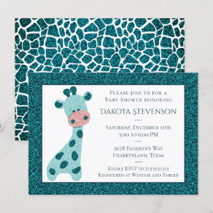 Turquoise Teal Giraffe Modern Glitter Baby Shower Invitation