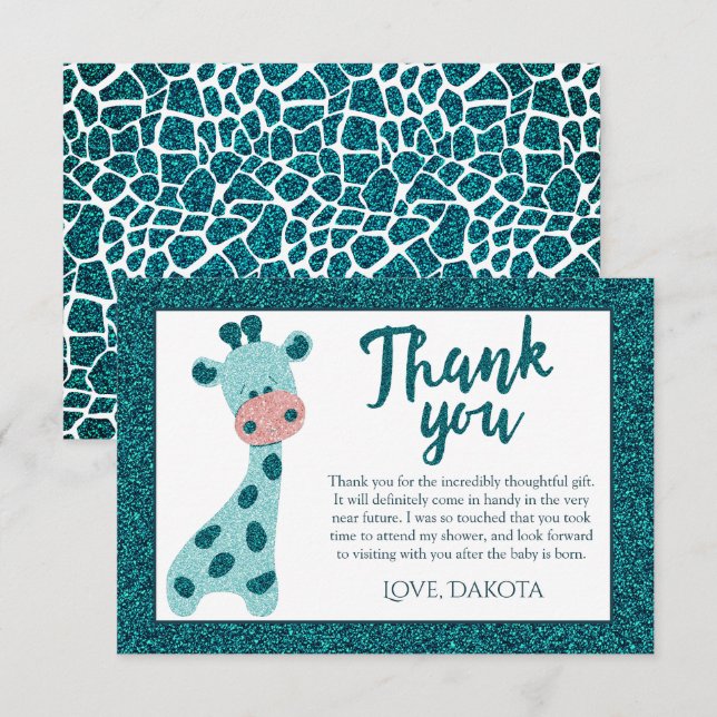 Turquoise Teal Giraffe Modern Glitter Baby Shower Thank You Card (Front/Back)