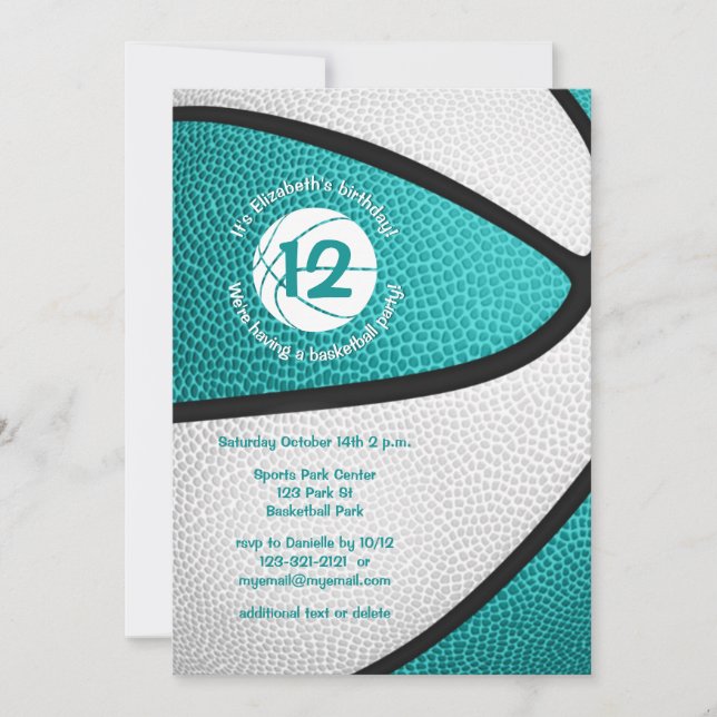 turquoise teal girls basketball sports party invitation (Front)