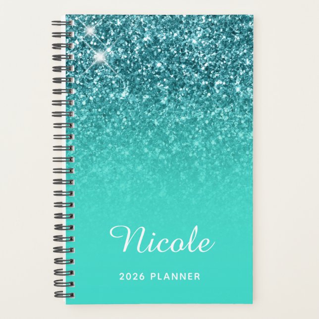 Turquoise Teal Glitter Ombre Personalised Planner (Front)