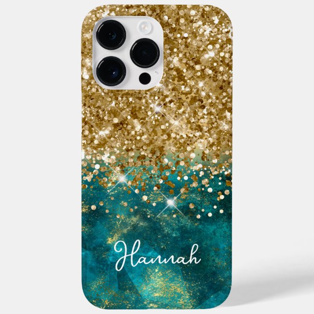 Turquoise Teal Glittery Gold Glam Personalised Case-Mate iPhone Case (Back)
