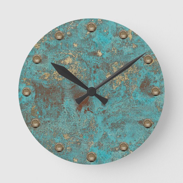 Turquoise Teal & Gold Copper Vintage Antique Round Clock (Front)