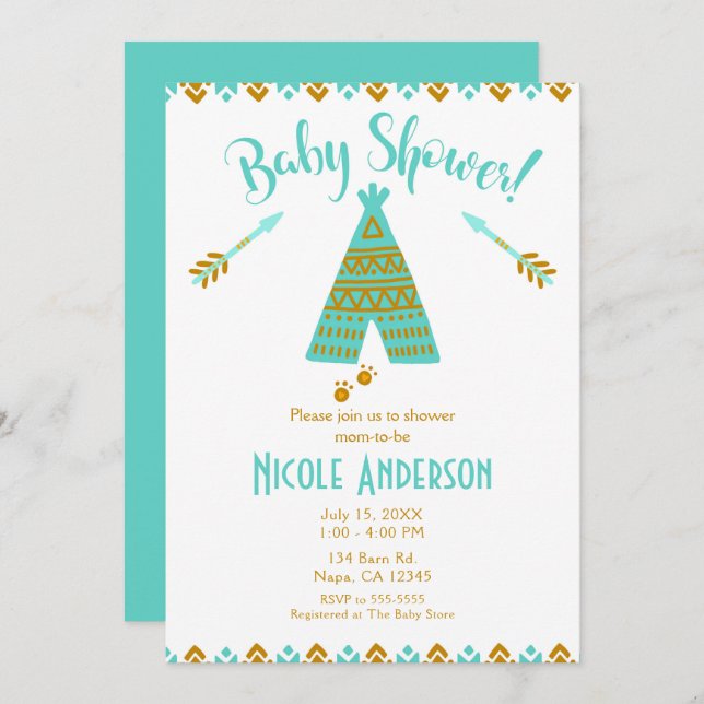Turquoise Teal & Gold Tepee Modern Baby Shower Invitation (Front/Back)