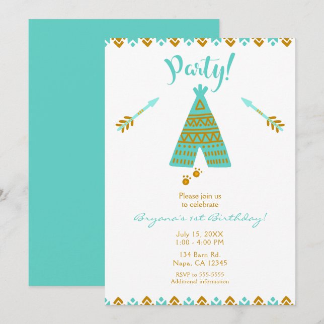 Turquoise Teal & Gold Tepee Modern Birthday Party Invitation (Front/Back)