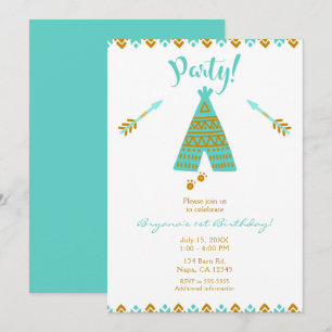 Turquoise Teal & Gold Tepee Modern Birthday Party Invitation