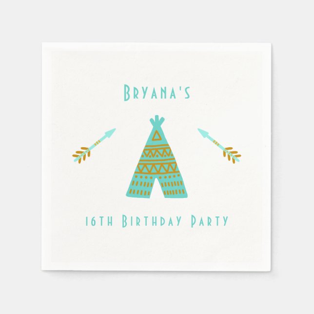 Turquoise Teal & Gold Tepee Modern Birthday Party Napkin (Front)