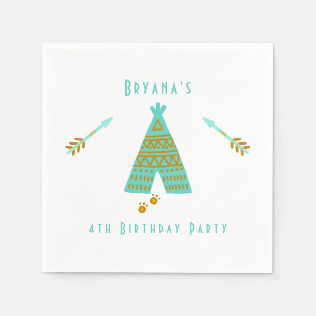 Turquoise Teal & Gold Tepee Modern Birthday Party Napkin (Front)