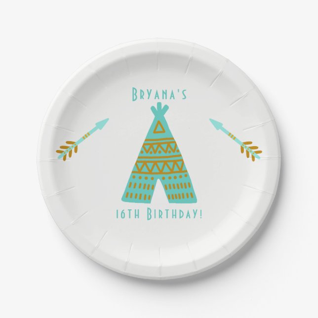 Turquoise Teal Gold Tepee Sweet 16 Birthday Party Paper Plate (Front)