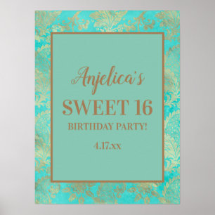 Turquoise Teal Gold Tiaras Girl's Sweet 16 Poster