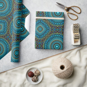 Turquoise Teal Green Mandala Pattern Gift Wrapping Paper