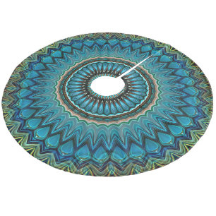 Turquoise Teal Green Mandala Round Star Pattern Fleece Tree Skirt