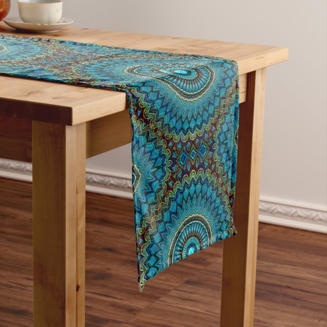 Turquoise Teal Green Mandala Round Star Pattern Long Table Runner (In Situ)