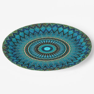Turquoise Teal Green Mandala Round Star Pattern Paper Plate