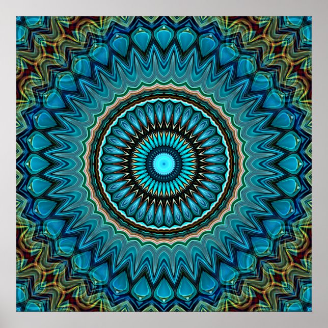 Turquoise Teal Green Mandala Round Star Pattern Poster (Front)