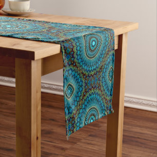 Turquoise Teal Green Mandala Round Star Pattern Short Table Runner